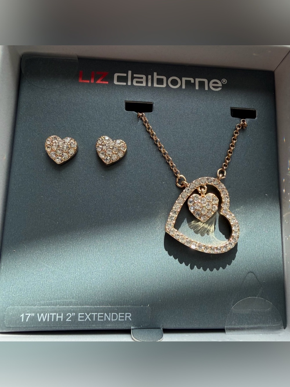 Liz Claiborne Rose Gold Crystal Heart Necklace & Stud Earrings Set NIB